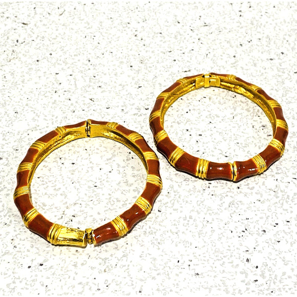 2 Kenneth Lane Signed Goldtone Burnt Orange Ribbed Bracelets Hinged Slim Bangles - Picture 3 of 10